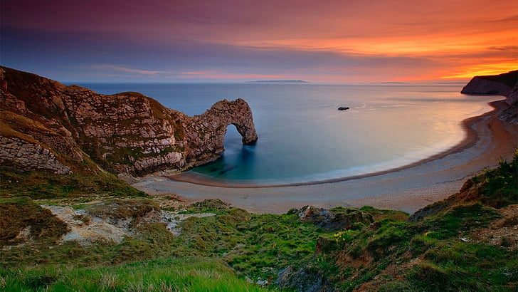 지구, Durdle 문, 아치, 비치, 해안선, Dorset, 영국, 바다, 바위, 모래, 일몰, 물, HD 배경 화면