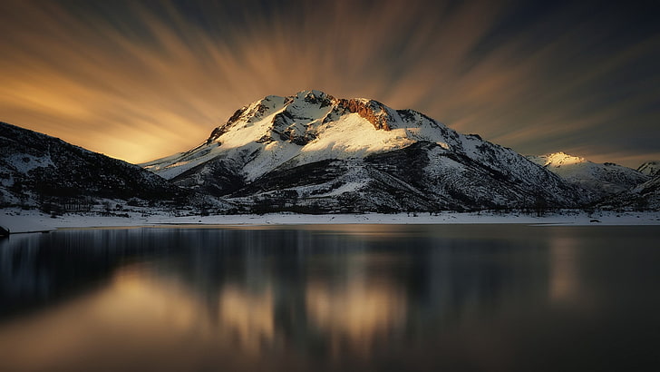 montanha coberta de neve, paisagem, montanhas, reflexão, neve, HD papel de parede