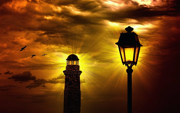 lighthouse street light sunset birds sky silhouette photo manipulation, HD wallpaper