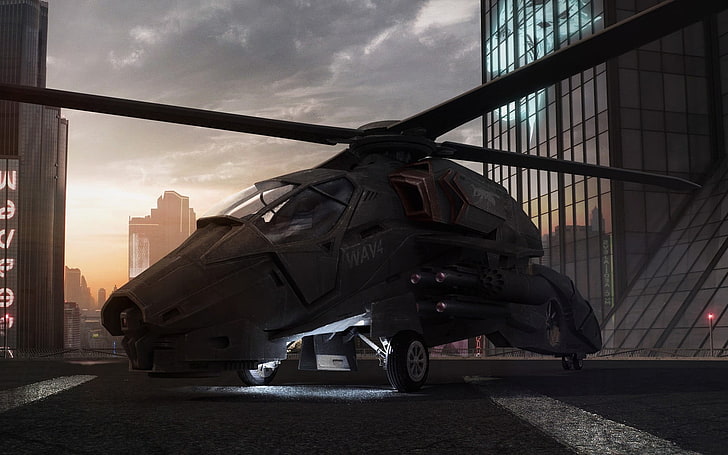 灰色のヘリコプター、デジタルアート、ヘリコプター、未来、車両、 HDデスクトップの壁紙