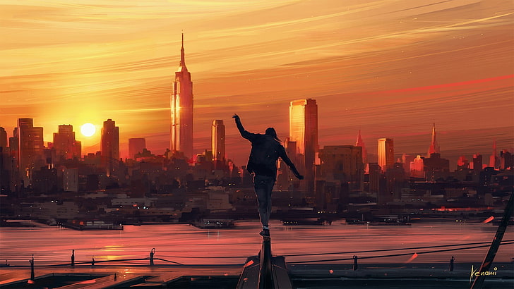 man standing on rails, man wearing black jacket standing on black steel bar during sunset, digital art, artwork, Aenami, cityscape, sunset, skyline, HD wallpaper
