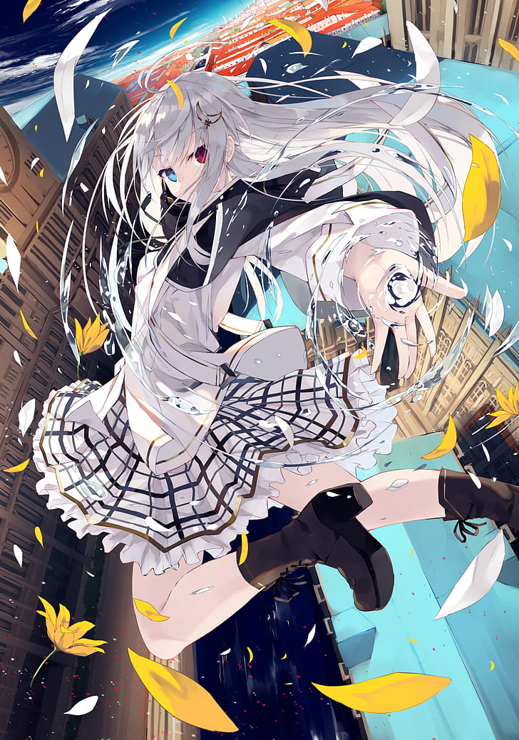 Anime, anime girls, original characters, red eyes, blue eyes, white hair,  HD wallpaper | Wallpaperbetter