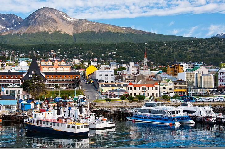 landscape, mountains, home, ships, port, Argentina, piers, Ushuaia, HD wallpaper