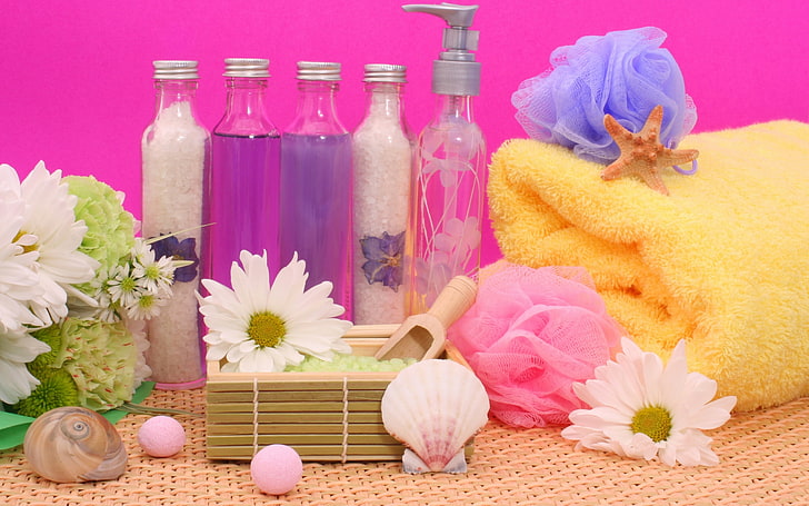 flowers, stones, towel, sink, crystals, rocks, Spa, bottles, salt, shell, bottle, Tender spirit, wisp, washcloths, HD wallpaper