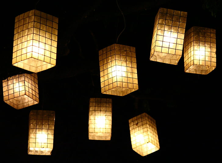otto lampade a sospensione accese, otto, lampade a sospensione, lampade accese, Flickr, Nottambulante, sfondi, astratto, illuminato, notte, incandescente, decorazione, Sfondo HD