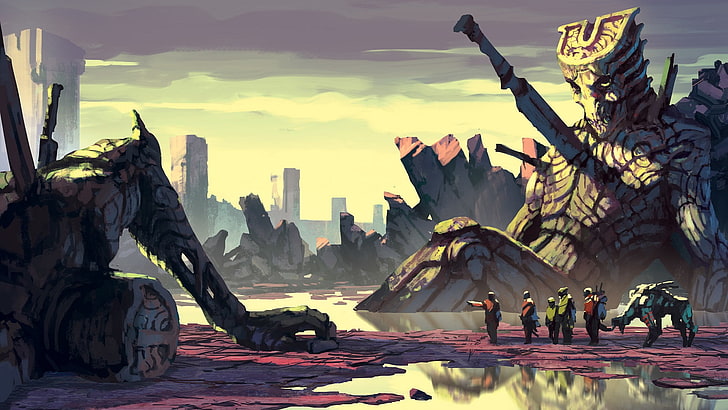 illustration de titan, géant, arme, exploration, eau, ruine, art fantastique, Fond d'écran HD