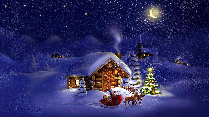 zimowa noc, święty mikołaj, śnieg, śnieg, chata z bali, boże narodzenie, boże narodzenie, ilustracja, zima, wioska, dom, dom z drewna, sanie, noc Bożego Narodzenia, Tapety HD