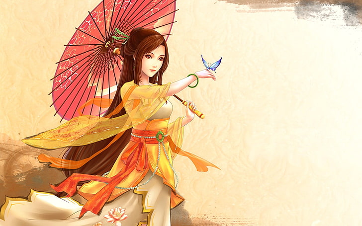 anime girls, umbrella, butterfly, digital art, HD wallpaper
