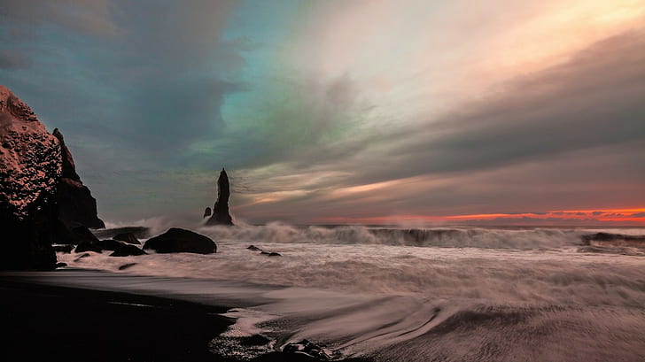 Islândia, céu, costa, rochas, céu, ondas, costa, Islândia, mar, HD papel de parede