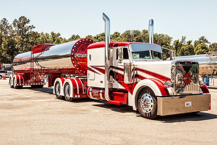 червено-бял камион-цистерна, поръчка, камион, голяма платформа, peterbilt, HD тапет