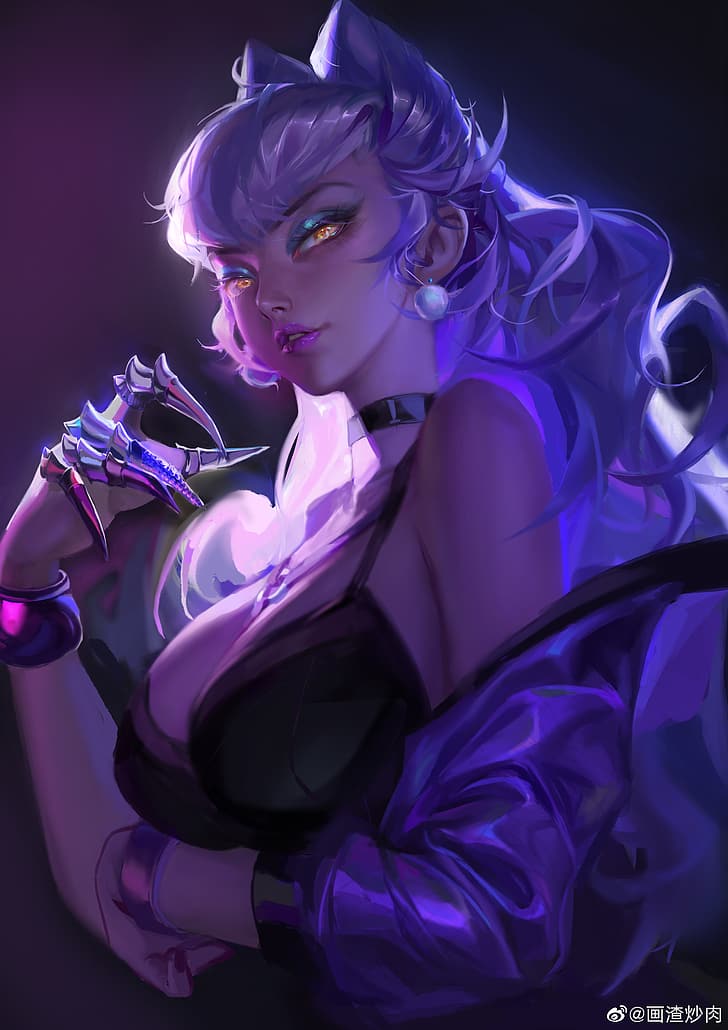 League of Legends, Evelynn (League of Legends), video game characters, video game girls, bare shoulders, bracelets, choker, claws, demon girls, jacket, jewelry, long hair, looking at viewer, make up, open clothes, silver hair, yellow eyes, purple lipstick, HD wallpaper