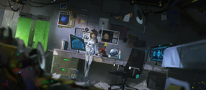 girl wearing white dress anime character, anime girls, digital art, artwork, science fiction, space, HD wallpaper HD wallpaper