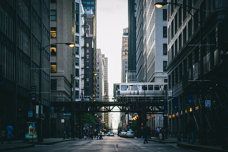 metro, kendaraan, Chicago, jalan, pemandangan kota, kereta api, sketsa, Wallpaper HD