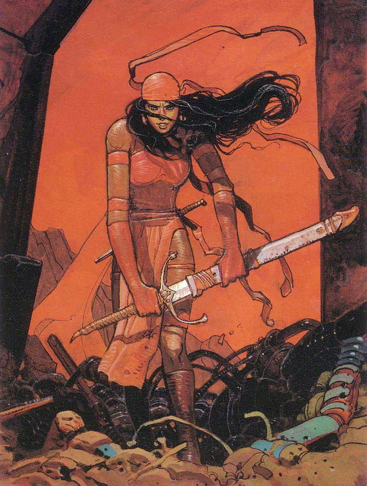 Mœbius, Marvel Comics, Elektra, garota de fantasia, espada, cabelos escuros, guerreiro, fantasia escura, cabelos longos, histórias em quadrinhos, HD papel de parede, papel de parede de celular