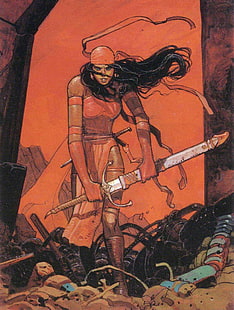 Mœbius, Marvel Comics, Elektra, фантастично момиче, меч, тъмна коса, воин, тъмна фантазия, дълга коса, комикси, HD тапет HD wallpaper