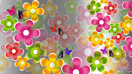 Kolase Musim Panas, papillon, lapisan, cerah, bulu, warna, bunga, musim semi, warna-warni, kupu-kupu, musim panas, alam dan la, Wallpaper HD HD wallpaper