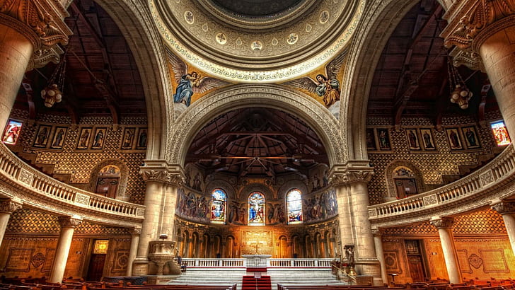 Iglesia gloriosa, interior de la catedral, iglesia, cúpula, vidrieras, arcos, naturaleza y paisajes., Fondo de pantalla HD