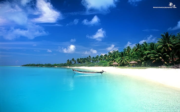 Barco Playa Tropical Palmeras HD, naturaleza, árboles, playa, barco, tropical, palmera, Fondo de pantalla HD