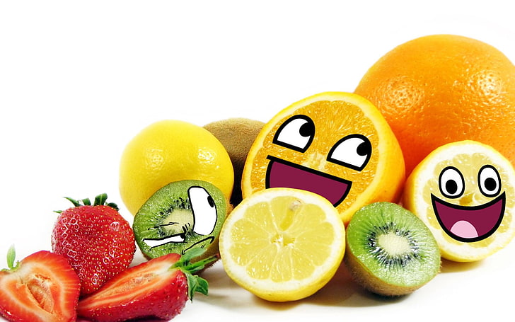 variedade de frutas, humor, smiley, frutas, laranja, HD papel de parede
