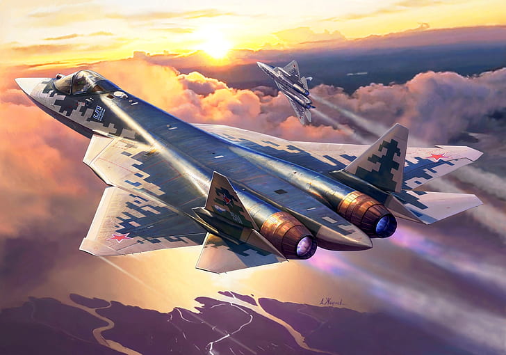 Düsenjäger, Sukhoi Su-57, Flugzeuge, Düsenjäger, Kampfflugzeug, HD-Hintergrundbild
