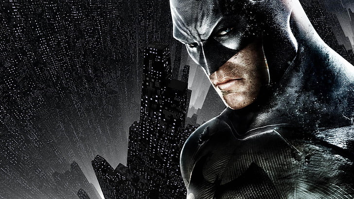 Batman Arkham City, personaje, cara, mirada, ojos, ciudad, casas, Batman, Fondo de pantalla HD