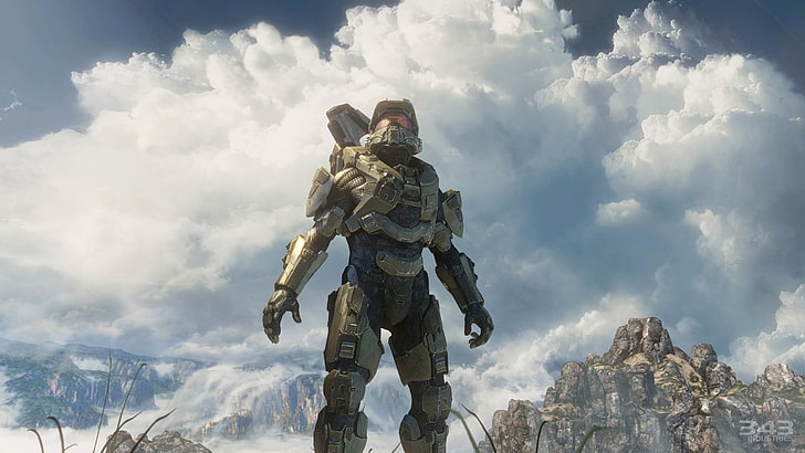game application poster, Halo, video games, artwork, Halo 4, Halo: Master Chief Collection, Master Chief, sky, clouds, armor, Spartans, weapon, HD wallpaper