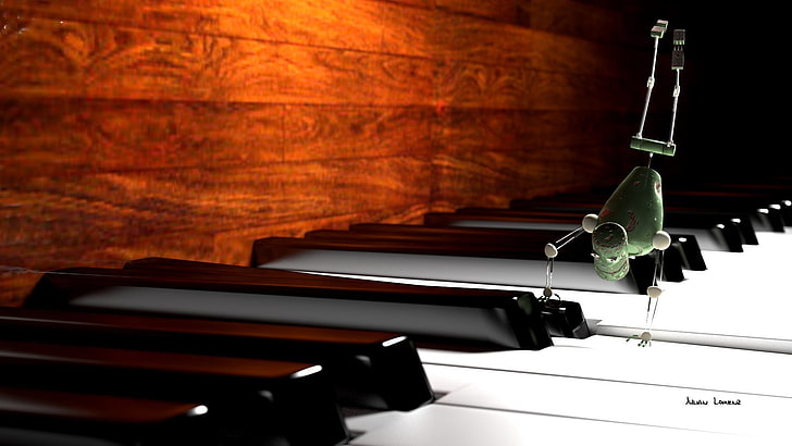 mainan robot hijau, piano, robot, closeup, seni digital, Wallpaper HD