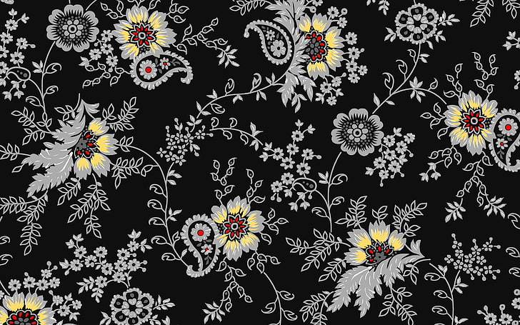 ilustrasi bunga dan paisley putih dan kuning, latar belakang, bunga, warna, pola, Wallpaper HD