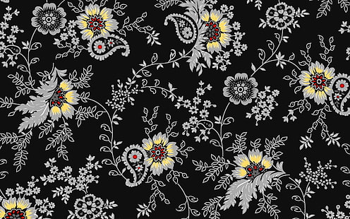 white and yellow floral and paisley illustration, background, flowers, color, pattern, HD wallpaper HD wallpaper