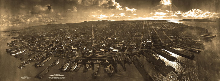 Старый Сан-Франциско, с высоты птичьего полета фото зданий, Винтаж, Сан-Франциско, старый Сан-Франциско, HD обои