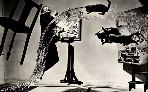 Salvador Dalí, painters, water, cat, floating, chair, monochrome, HD wallpaper HD wallpaper
