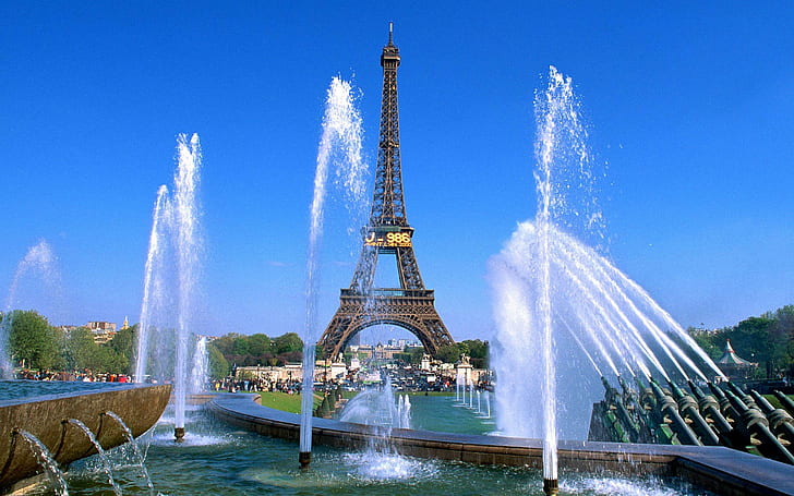 Le Tour Eiffel, sumur bor, menara eiffel, Paris, Perancis, arteziana, avenue, turnul eiffel, bulevard, biru, fantan, Wallpaper HD