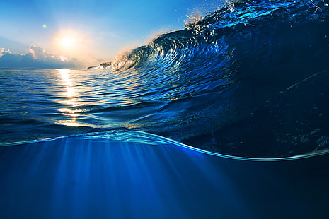 море, вода, природа, слънце, вълни, циан, синьо, под вода, HD тапет HD wallpaper