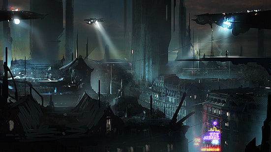 ночь, город, город, фантастика, париж, арт, будущее, Blade Runner, HD обои HD wallpaper