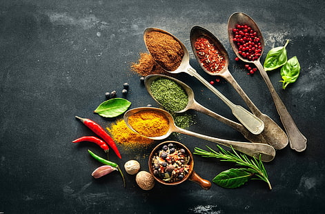variety of spices, spices, Pepper, food, spoons, leaves, HD wallpaper HD wallpaper