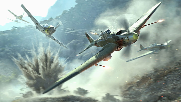 gray fighter jets, The sky, Mountains, Dust, The plane, Trees, Smoke, Aircraft, Fire, Fighter, The explosion, Earth, Sparks, Chase, Shot, Aviation, Fighters, Tanks, Wargaming Net, World of Warplanes, World Of Aircraft, WoWP, The air, HD wallpaper