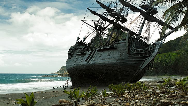 Pirates of the Caribbean: Dead Man's Chest, movies, film stills, ship, coast, waves, sea, clouds, HD wallpaper