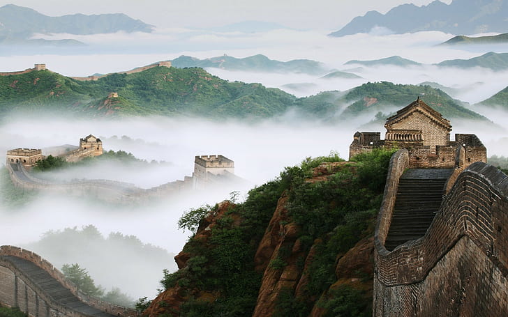 nature, landscape, trees, China, Great Wall of China, hills, mist, rock, architecture, tower, bricks, stairs, forest, HD wallpaper