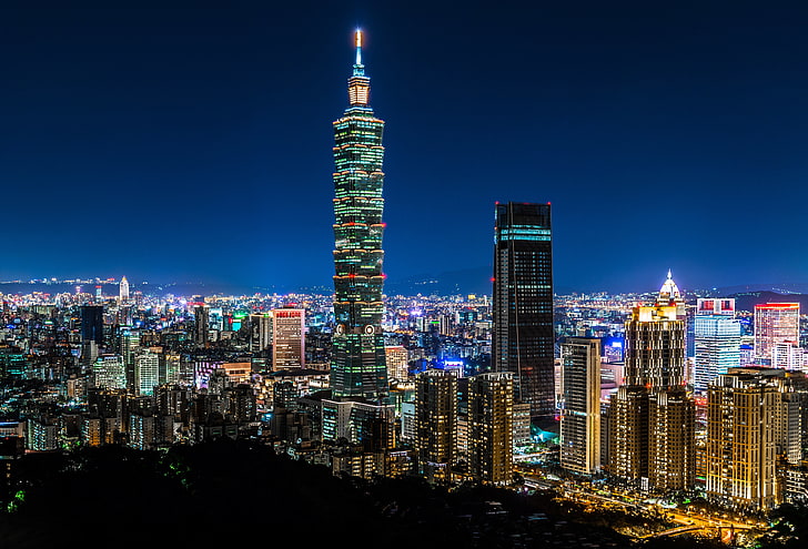 China, building, panorama, Taiwan, night city, Taipei, skyscraper, Taipei 101, Taipei World Financial Center, HD wallpaper