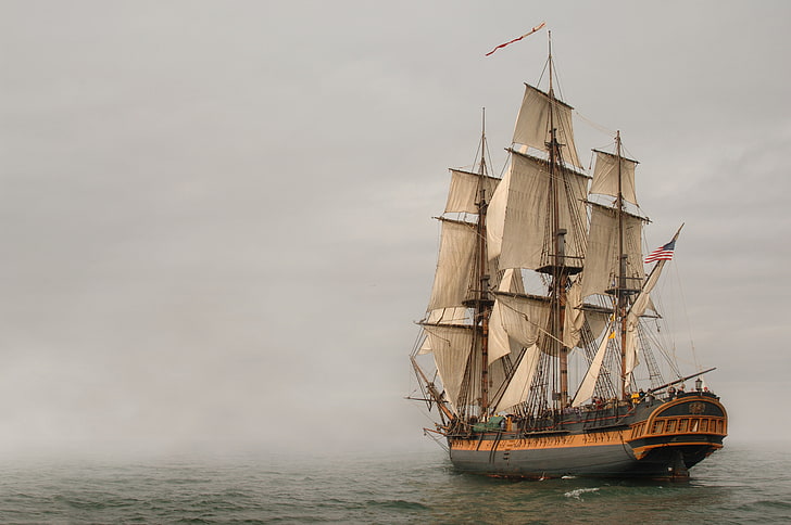 brown and blue galleon ship, sea, fog, sailboat, frigate, HD wallpaper