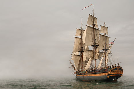 brown and blue galleon ship, sea, fog, sailboat, frigate, HD wallpaper HD wallpaper