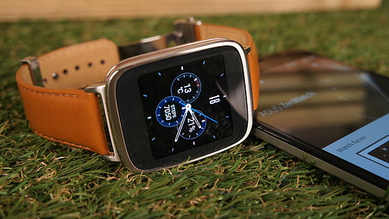 silver aluminum case Apple Watch with brown leather strap on grass, Asus ZenWatch 2, Best Watches 2015, ZenWatch release 2015, colour display, smartwatch review, HD wallpaper HD wallpaper