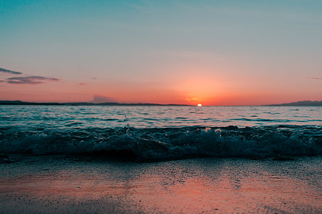 paysage, vagues, coucher de soleil, mer, Fond d'écran HD HD wallpaper