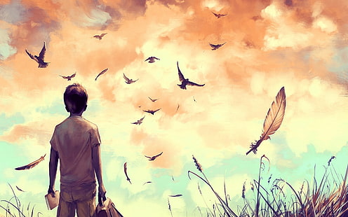 Junge, der die Vögel in der Himmelillustration, AquaSixio, Vögel, Kinder, Federn, Grafik betrachtet, HD-Hintergrundbild HD wallpaper