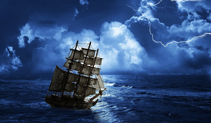 white galleon ship, sea, clouds, landscape, nature, night, thunder, creepy, Ghost ship, HD wallpaper