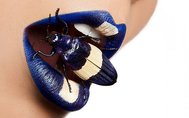 blue, insect, lips, Mouths, HD wallpaper