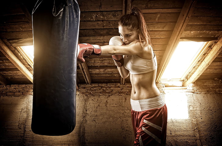 abs, bag, belly, body, boxing, fitness, girl, gloves, gym, model, navel, ponytail, punching, sensual, sensuality, sexy, sport, sportswear, sweat, sweaty, woman, workout, HD wallpaper