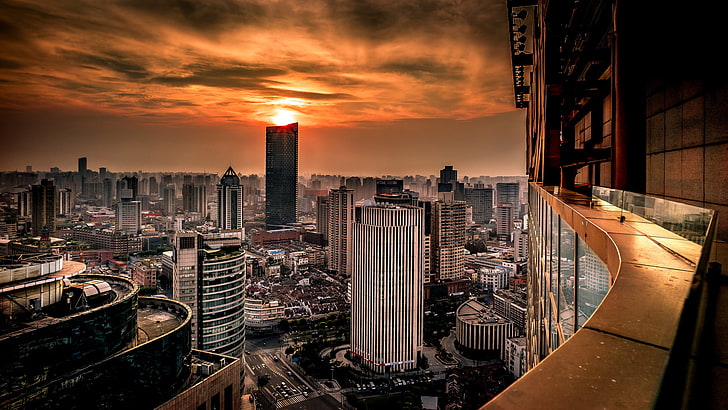 gray concrete building, sunset, China, building, panorama, Shanghai, Huangpu, HD wallpaper