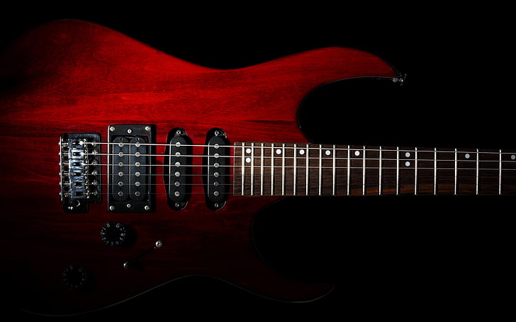 red electric guitar, BACKGROUND, BLACK, GUITAR, FRETS, GRIF, STRINGS, DECA, HD wallpaper