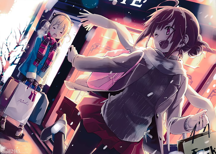 Anime Mädchen, Winter, Schal, Wink, Freunde, Einkaufen, Anime, HD-Hintergrundbild
